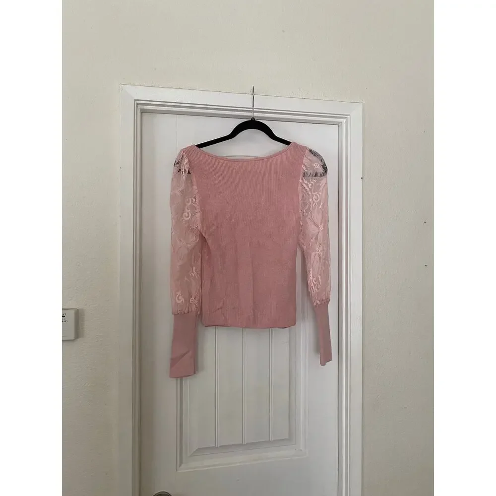 NWT Anthropologie Pink Sweetheart Lace Sleeve Sweater Size XXS